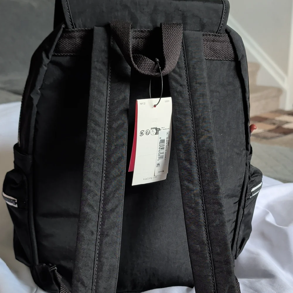 Kipling Black Nylon Backpack with Zip Pocket and Monkey Charm